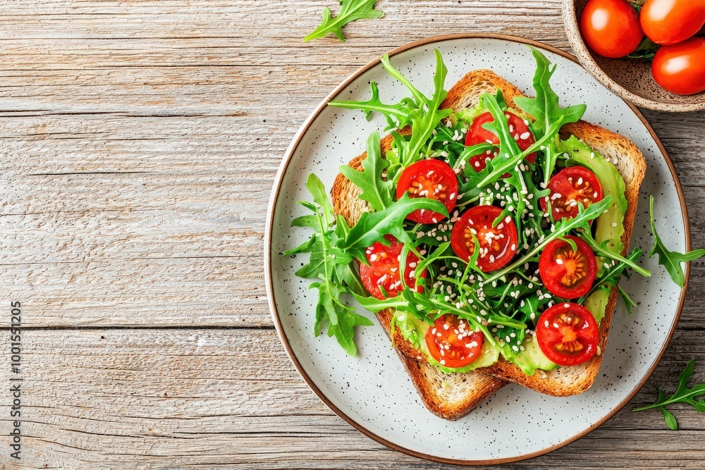 Avocado toast with cherry tomatoes and arugula, copy space Avocado toast with cherry tomatoes and arugula, copy space