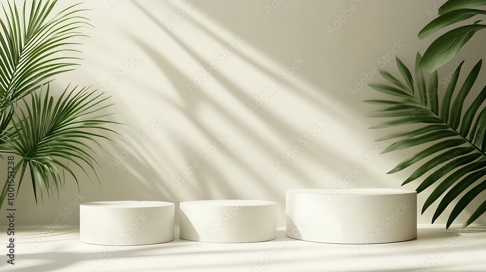 Three varying height white podiums complemented by a palm leaf on a neutral background ideal for product display : Generative AI Three varying height white podiums complemented by a palm leaf on a neutral background ideal for product display : Generative AI