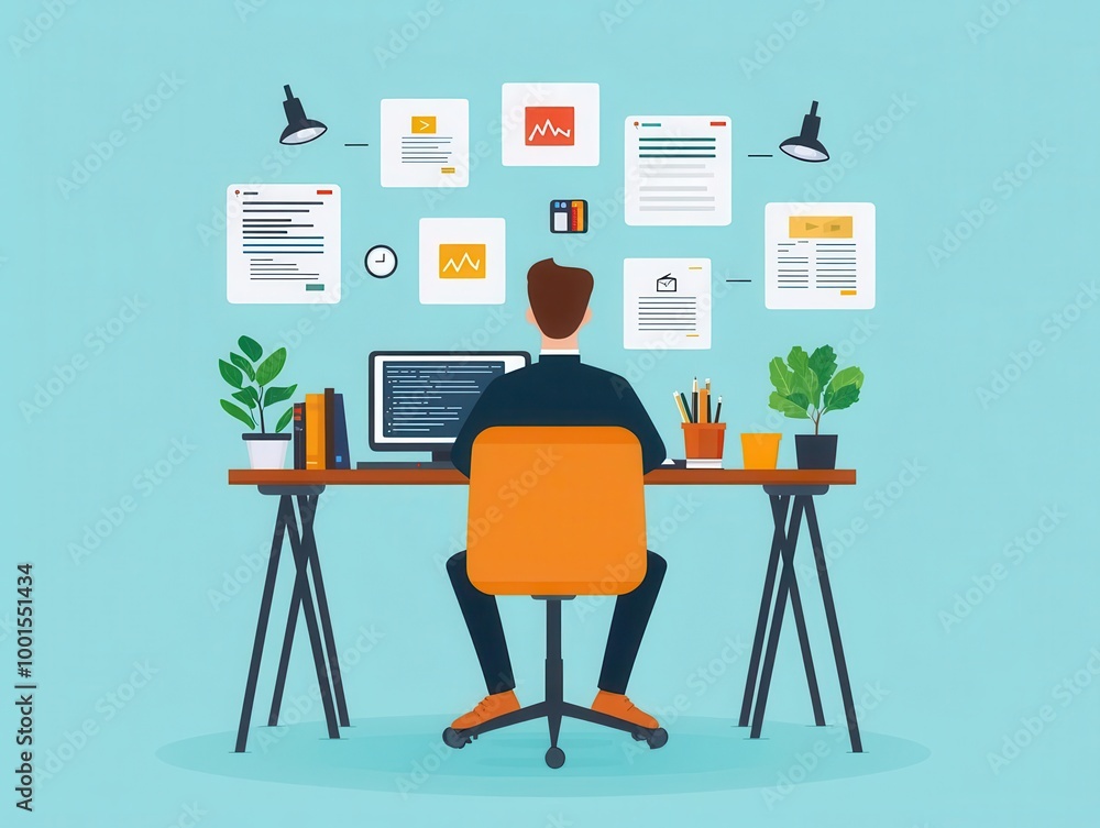 Backend developer managing database, data storage icons, flat design illustration Backend developer managing database, data storage icons, flat design illustration