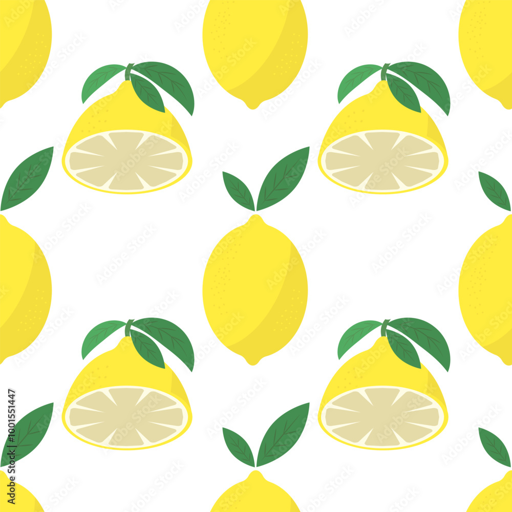 Vector Fresh Yellow Lemon with Green Leaves. Seamless Pattern. Tropical Fruit Icon with Sour Taste. Vector Fresh Yellow Lemon with Green Leaves. Seamless Pattern. Tropical Fruit Icon with Sour Taste.