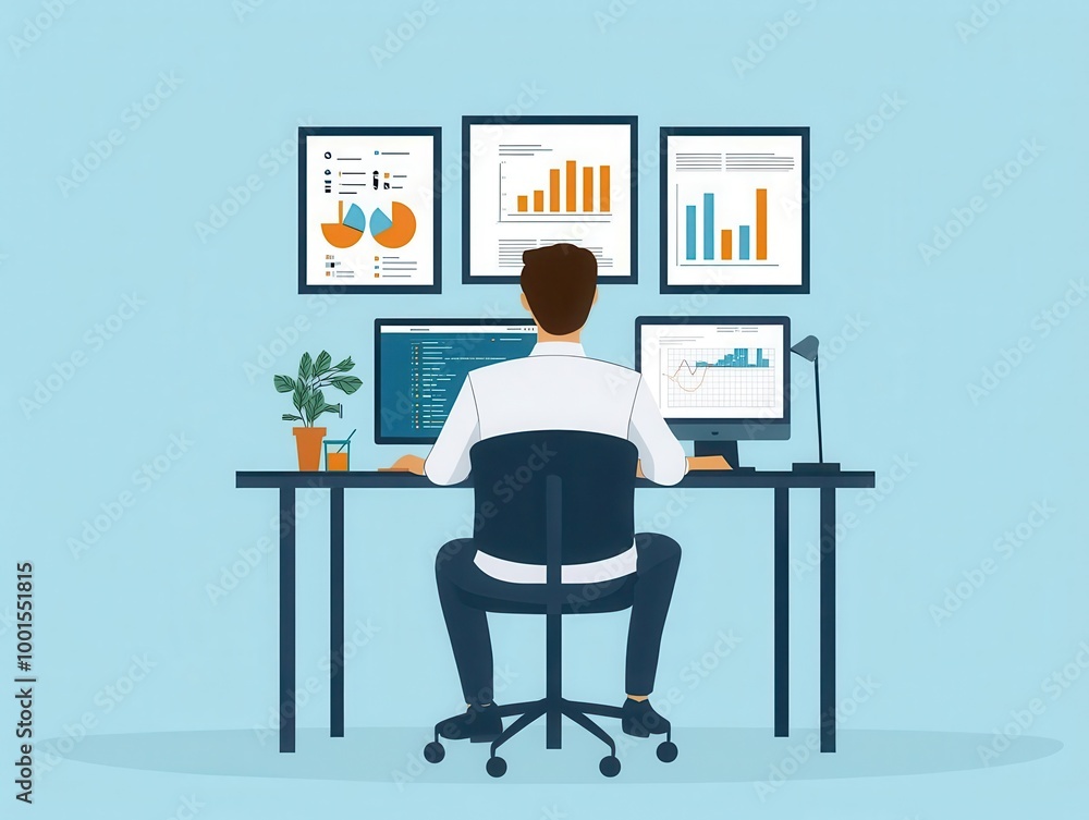Data scientist analyzing big data, graphs and charts, flat design illustration Data scientist analyzing big data, graphs and charts, flat design illustration