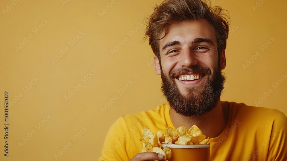 Bearded man happy and smiling in yellow shirt drinking beer and eating chips on beige background : Generative AI Bearded man happy and smiling in yellow shirt drinking beer and eating chips on beige background : Generative AI