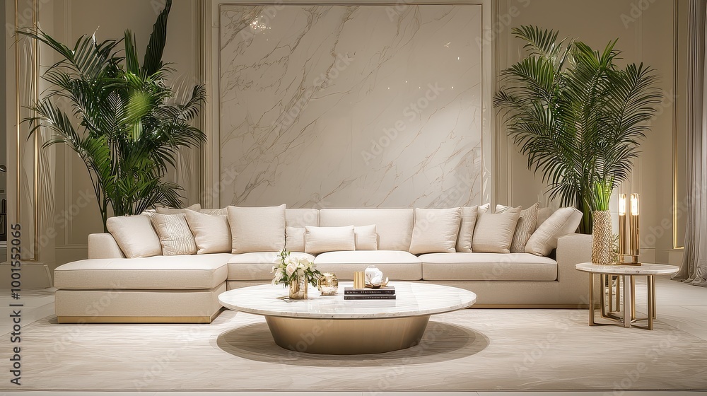 A living room with a white couch, a coffee table, and a large round table. The room is decorated with plants and has a modern, minimalist style A living room with a white couch, a coffee table, and a large round table. The room is decorated with plants and has a modern, minimalist style