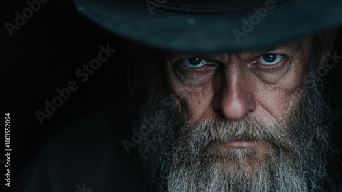 A close-up portrait captures the piercing gaze of a bearded man in a dark hat, exuding an aura of intensity and mystery in a dimly lit setting.