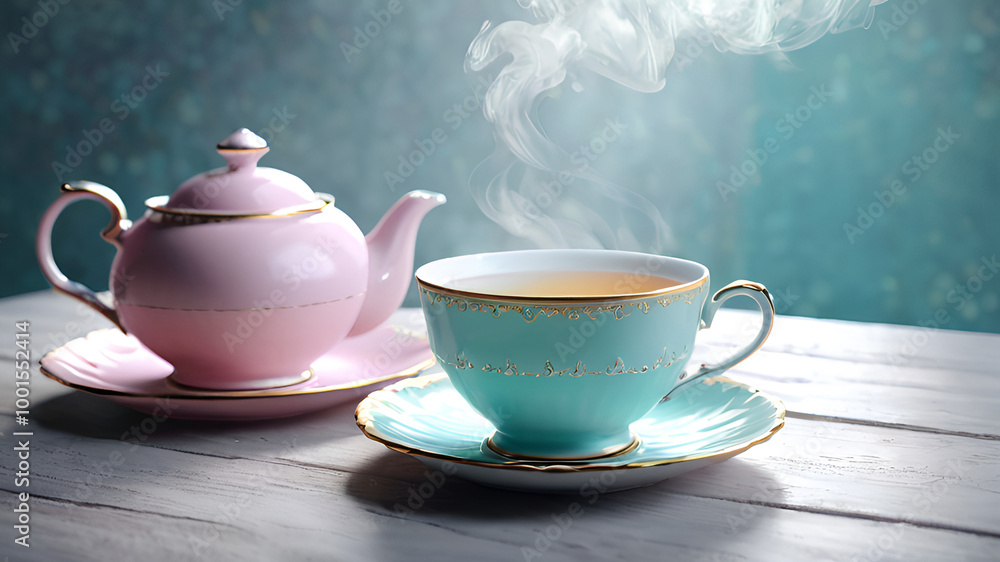 Exquisite tea pair and teapot made of expensive thin porcelain glowing from within. Hot aromatic tea with a thin smoke flowing over it. Warming and invigorating background, wallpaper, banner.