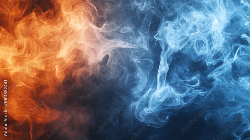 Fototapeta premium Abstract orange and blue smoke on black background.