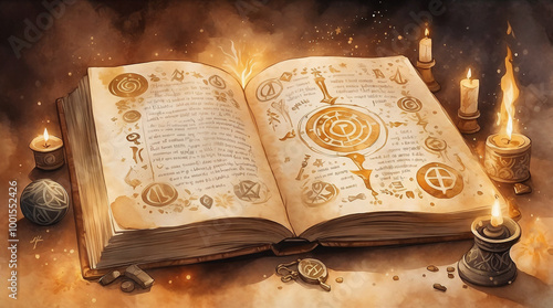 Mystical open spellbook with magical symbols, candles, and enchanting atmosphere photo