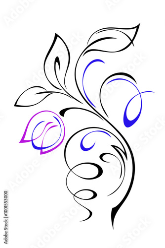 Decorative element with floral ornament with stylized flowers on stems with leaves and curls; graphic design