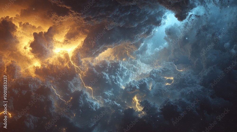 Detailed satellite view of a powerful thunderstorm with complex cloud structures and visible lightning, showcasing its scale Detailed satellite view of a powerful thunderstorm with complex cloud structures and visible lightning, showcasing its scale