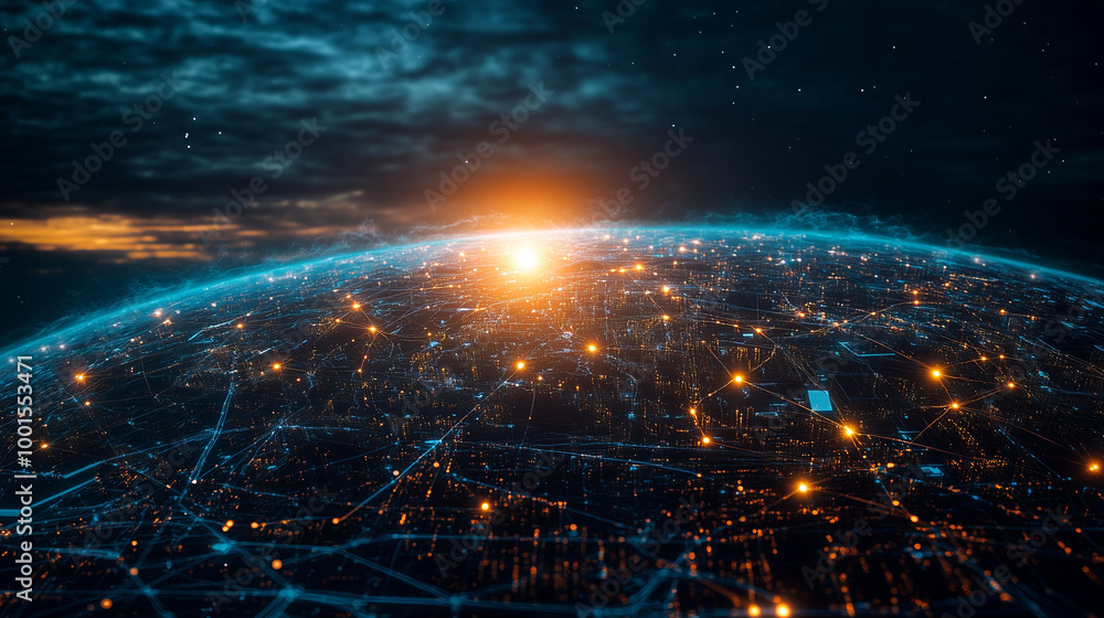 A glowing network of interconnected cities on a planet with a sunrise. A glowing network of interconnected cities on a planet with a sunrise.
