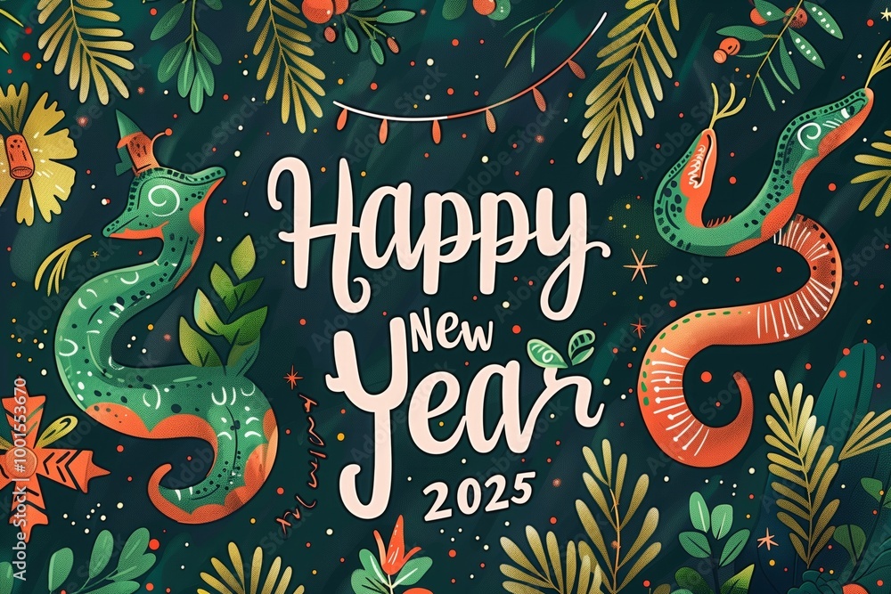 Naklejka premium A green and blue poster with a snake and a Christmas tree on it