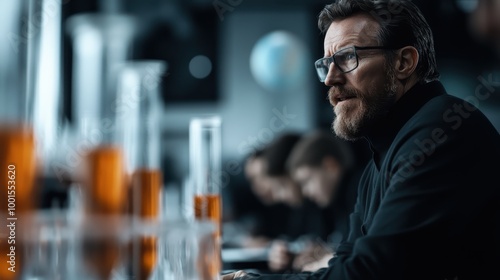 A businessman with glasses intensely engages with his environment in a modern laboratory setting, showcasing focus and determination within a futuristic atmosphere.