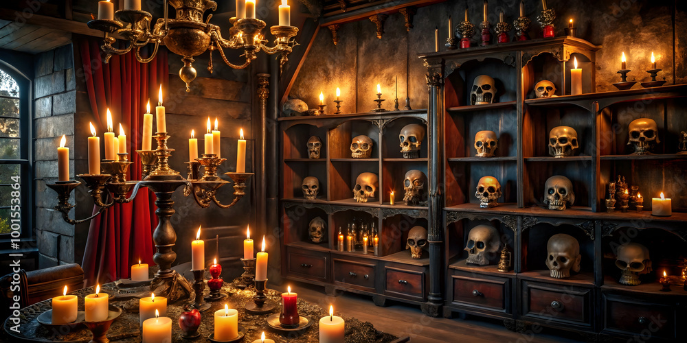 Obraz premium Dark Candlelit Room: A gothic interior with a dramatic red curtain, a grand chandelier, and shelves filled with skulls, all bathed in the warm, flickering glow of numerous candles.
