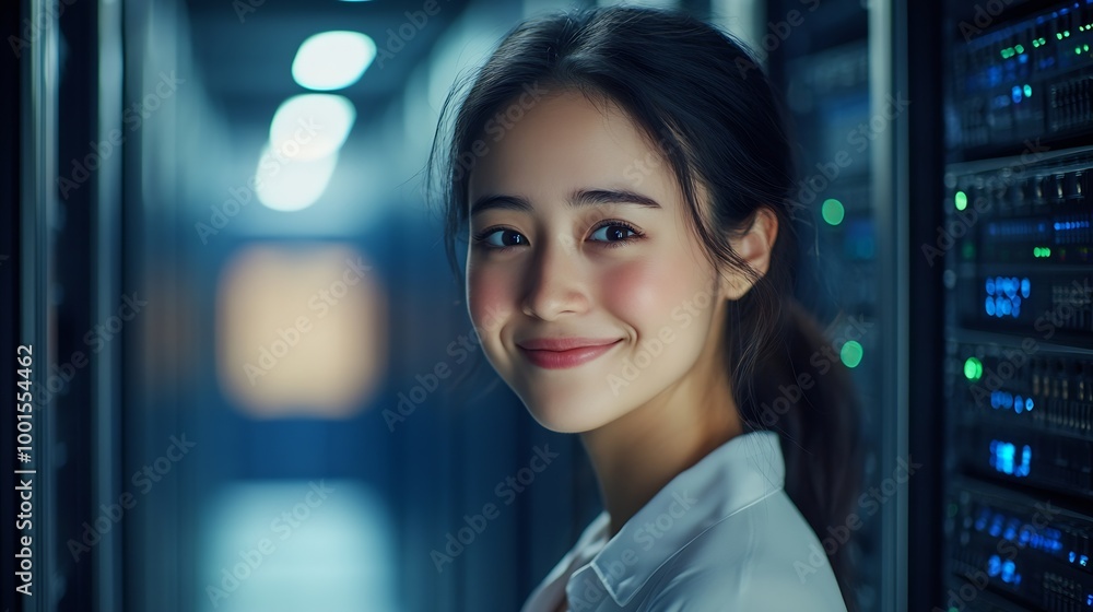 Server room portrait or happy woman technician for online cybersecurity update or machine system IT support data center smile or proud engineer fixing network for information technolog : Generative AI Server room portrait or happy woman technician for online cybersecurity update or machine system IT support data center smile or proud engineer fixing network for information technolog : Generative AI