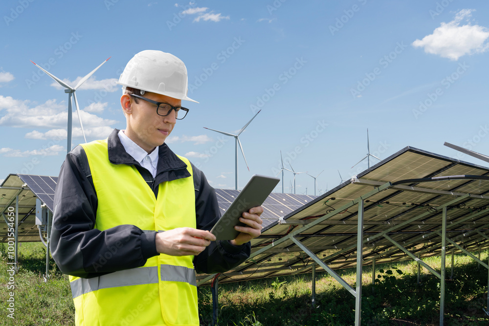 Engineer with digital tablet on a backround of solar panels Engineer with digital tablet on a backround of solar panels