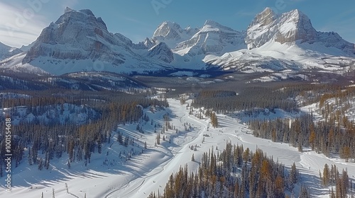 Frozen alpine lake surrounded by snowy mountains 