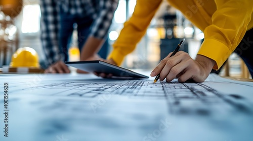 Close up of smart business team hand working together to plan design while looking at project plan from tablet and discussing about blueprint and building construction at meeting table : Generative AI