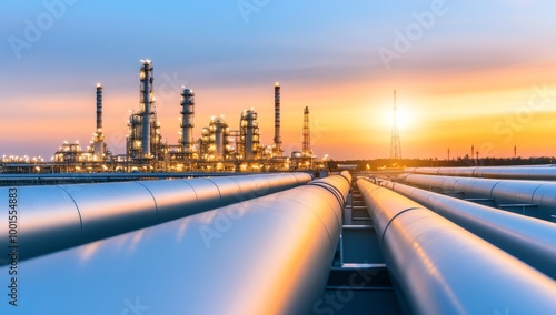 oil and gas industrial plant with pipes, towers, and buildings at dawn or dusk, with the sky painted photo