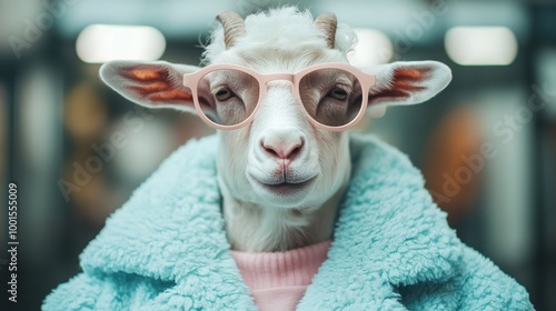 A playful goat in glasses and a blue coat exudes a serene demeanor, showcasing an artistic blend of nature and contemporary fashion with subtle humor.