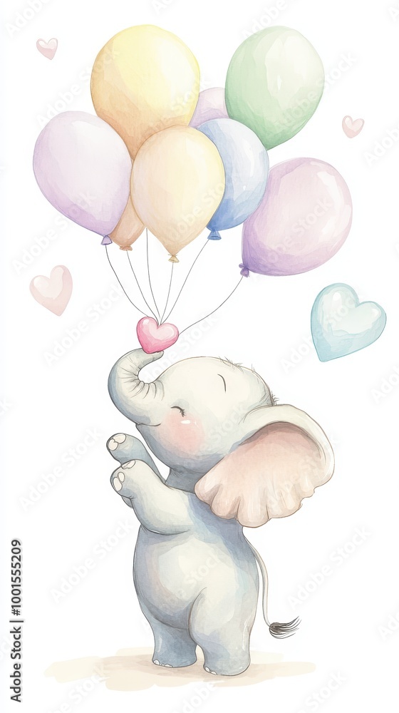 A cute baby elephant emits hearts from its trunk, accompanied by floating pastel balloons above A cute baby elephant emits hearts from its trunk, accompanied by floating pastel balloons above