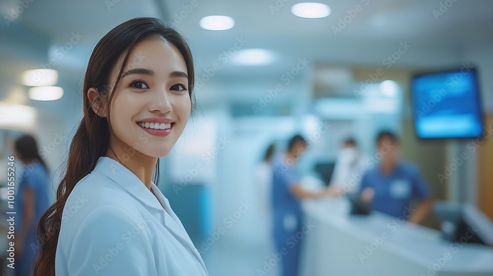 Asian woman comes to reception desk in clinic lobby area and makes appointment with doctor Female administrator talks with patient at information counter Medical staff work in medical : Generative AI Asian woman comes to reception desk in clinic lobby area and makes appointment with doctor Female administrator talks with patient at information counter Medical staff work in medical : Generative AI
