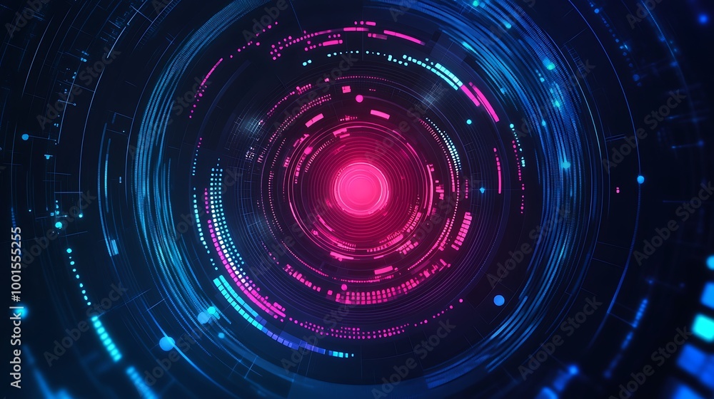 Abstract circular design with glowing pink and blue lights on a black background. Abstract circular design with glowing pink and blue lights on a black background.