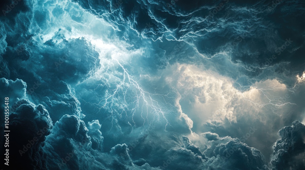 Close-up satellite view of a thunderstorm with dramatic cloud formations and active lightning, showcasing its intensity Close-up satellite view of a thunderstorm with dramatic cloud formations and active lightning, showcasing its intensity