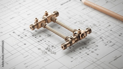 Mechanical diagram of a four-bar linkage, showing motion paths and position analysis, kinematics, mechanism design photo