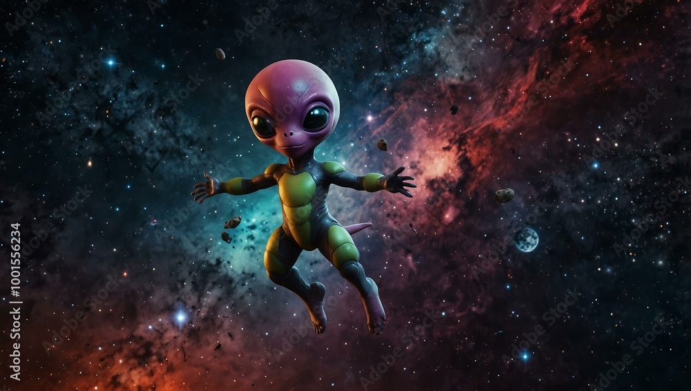 Colorful alien character floating in outer space. Colorful alien character floating in outer space.