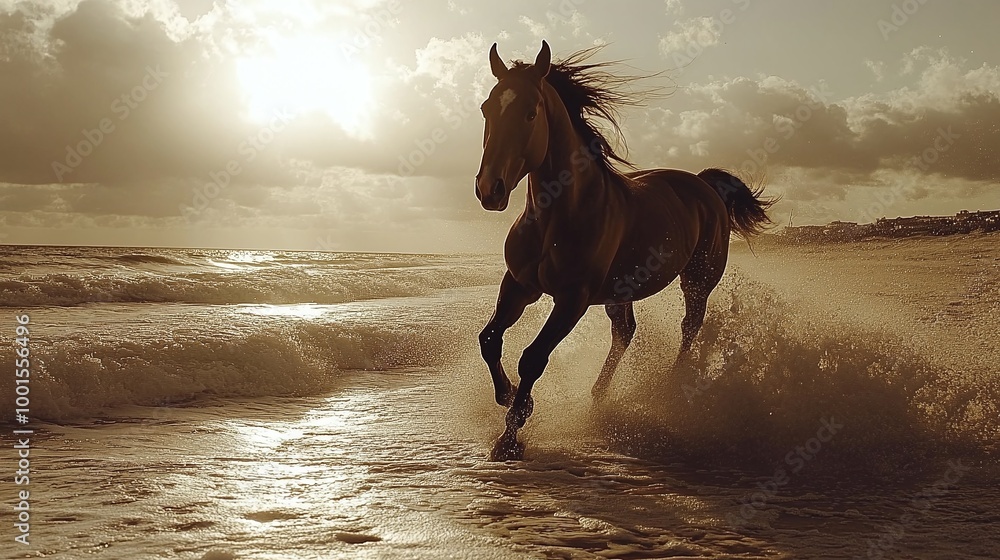 a horse running on the beach with the ocean waves in the background, galloping freely across the sand, wild and free, sunset illuminating the horizon, coastline and beach scenery in motion