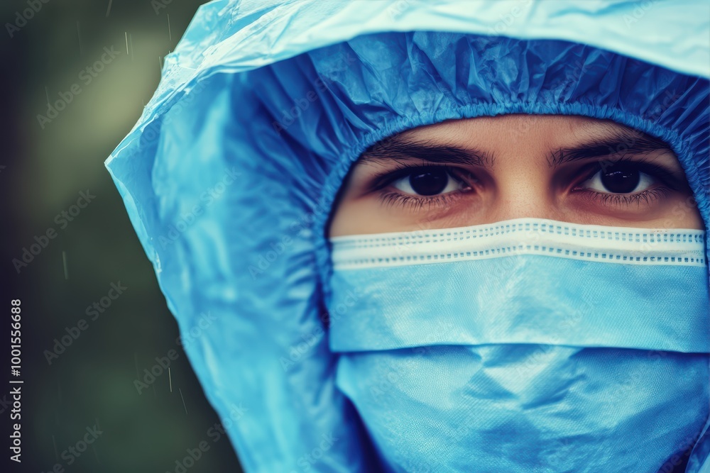 Rainy day protection with person in blue raincoat face mask Rainy day protection with person in blue raincoat face mask