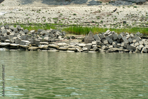 Obraz na płótnie concrete cubes which serve as coastal protection from river erosion. w salonie