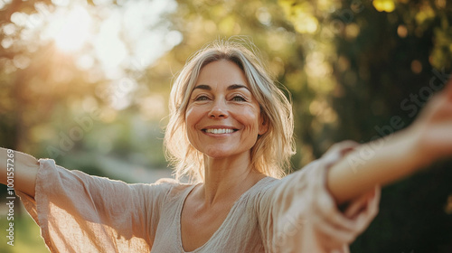 A smiling senior woman with arms outstretched, enjoying a sunny day in a park, embracing life and positivity.
