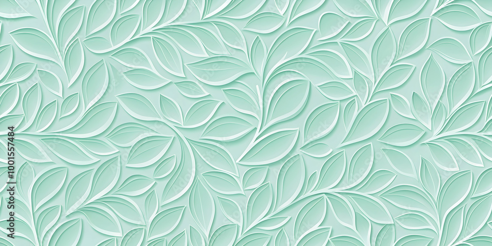 Seamless Mint Green Leaf Pattern: Elegant embossed leaves create a sophisticated, repeating design perfect for backgrounds, textiles, and more. Seamless Mint Green Leaf Pattern: Elegant embossed leaves create a sophisticated, repeating design perfect for backgrounds, textiles, and more.
