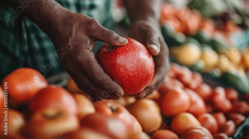 Close-up of hands delicately holding a ripe, red apple among an array of colorful fruits and vegetables at a bustling market, radiating freshness and abundance. photo