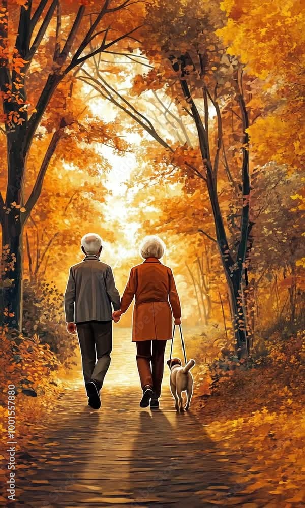 A happy old couple strolling their dog in an autumn garden A happy old couple strolling their dog in an autumn garden