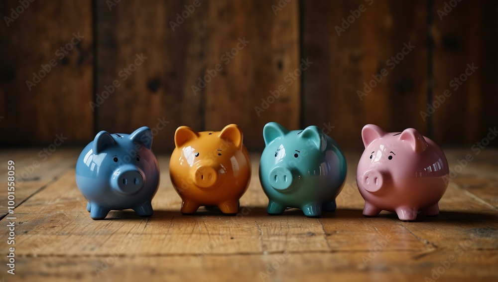 Colorful piggy banks on a wooden surface, representing savings. Colorful piggy banks on a wooden surface, representing savings.