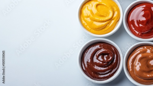 Four small white bowls filled with vibrant sauces of different colors, creating a visually appealing arrangement that showcases culinary variety and flavor diversity.