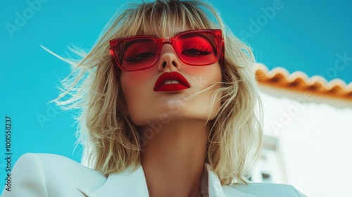 A self-assured woman with striking red lipstick and red sunglasses poses in bright sunlight, exuding confidence and elegance in her stylish white outfit. photo