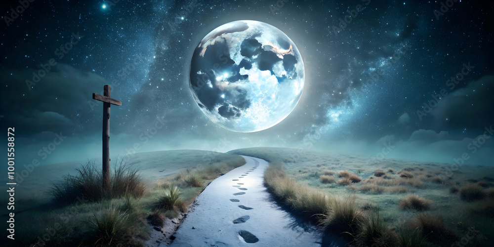 Lunar Pathway: A surreal journey unfolds under a colossal, Earth-like moon. A winding path, marked by footprints in the snow, leads towards a weathered wooden signpost. Lunar Pathway: A surreal journey unfolds under a colossal, Earth-like moon. A winding path, marked by footprints in the snow, leads towards a weathered wooden signpost.