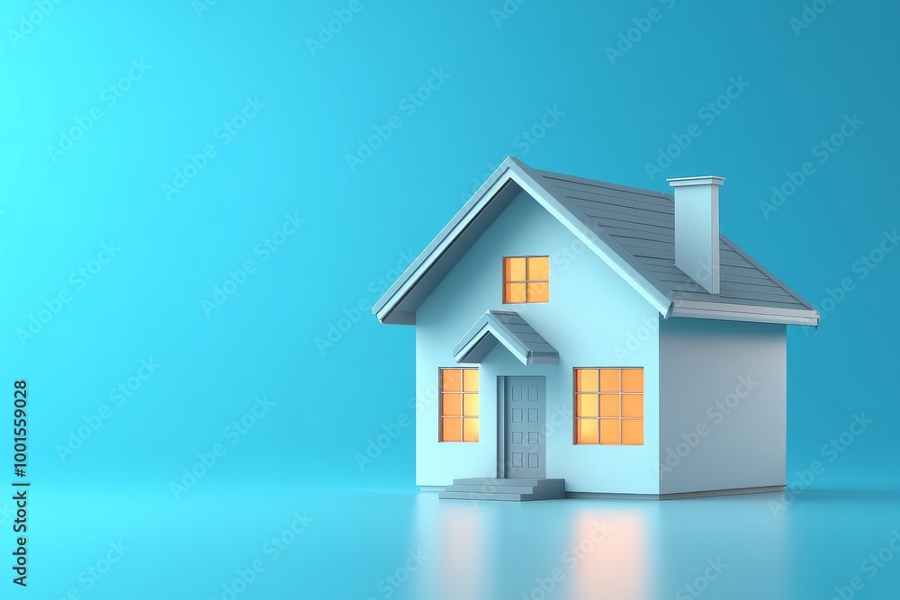 simple house with white walls and a gray roof, illuminated by bright lights inside the windows on simple house with white walls and a gray roof, illuminated by bright lights inside the windows on