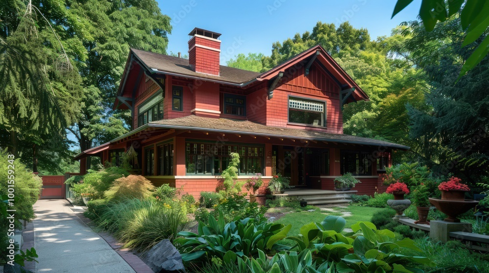 Bold red Craftsman home with classic architectural features, surrounded by a lush, green landscape. Bold red Craftsman home with classic architectural features, surrounded by a lush, green landscape.