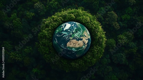 Aerial top view green forest with globe earth Green planet in your hands Save Earth Texture of forest view from above ecosystem and healthy environment Globe and forest : Generative AI