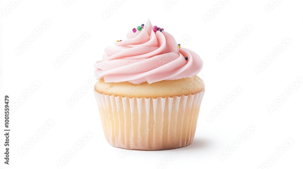 A pink frosted cupcake with sprinkles on top A pink frosted cupcake with sprinkles on top