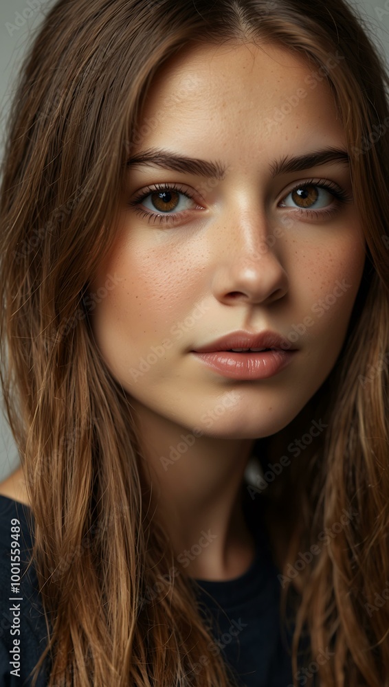 Confident woman with long brown hair, portrait. Confident woman with long brown hair, portrait.