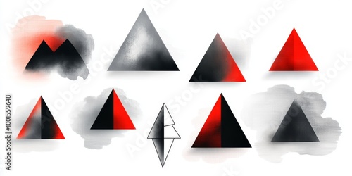 set of black and red triangular symbols, vector design, on a white background, with brush strokes