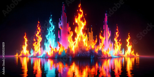 Neon Fire Dance: A vibrant and mesmerizing display of colorful flames dancing in a surreal, ethereal landscape. The flames, imbued with electric hues of blue, pink, and orange.