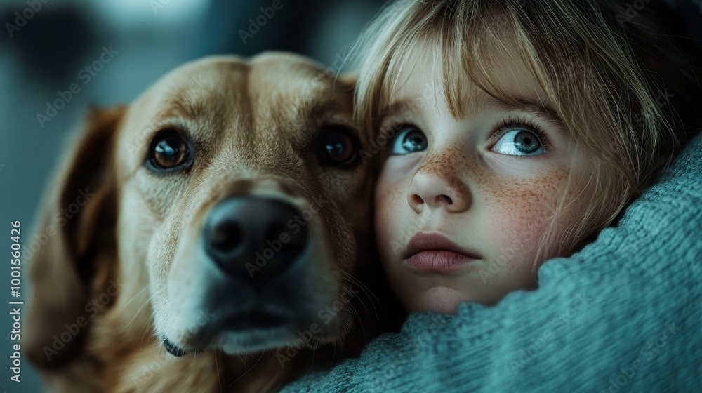 A young girl holds her loyal dog close, both gazing upwards with thoughtful expressions in an intimate indoor setting, capturing depth of trust and connection. A young girl holds her loyal dog close, both gazing upwards with thoughtful expressions in an intimate indoor setting, capturing depth of trust and connection.