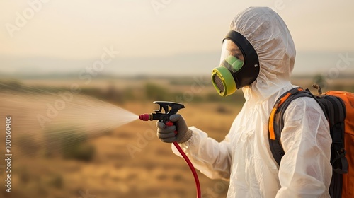 Person spraying insecticide mist, preventing dengue and Zika virus outbreaks, hazy environment photo