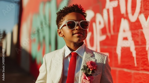 A young, stylish boy in a white suit and sunglasses poses confidently against a colorful urban wall in bright sunlight, capturing modern flair and youthful charisma. photo